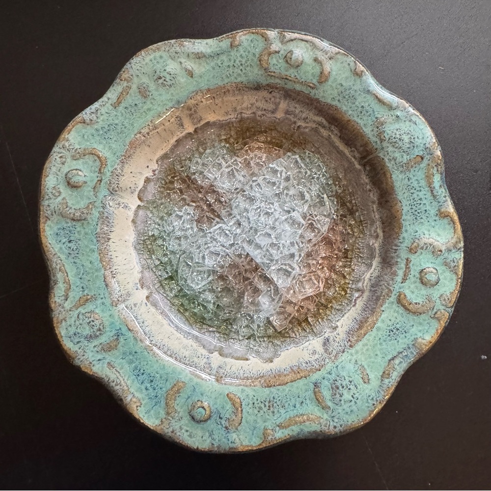 Down To Earth Hand-made Glazed  Pottery  Cracked Dish Green Made In USA